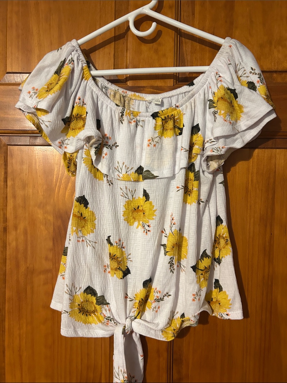 Women’s White Off-Shoulder Floral Tie-Front Top - Yellow Sunflower Print